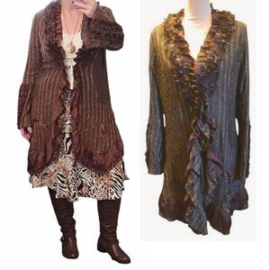 Boston Proper Brown Metallic Mixed Media Faux Fur Knit Parka Cardigan Large